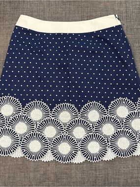 Boden Navy and White Polka Dot A-Line Skirt with Embroidered Flowers